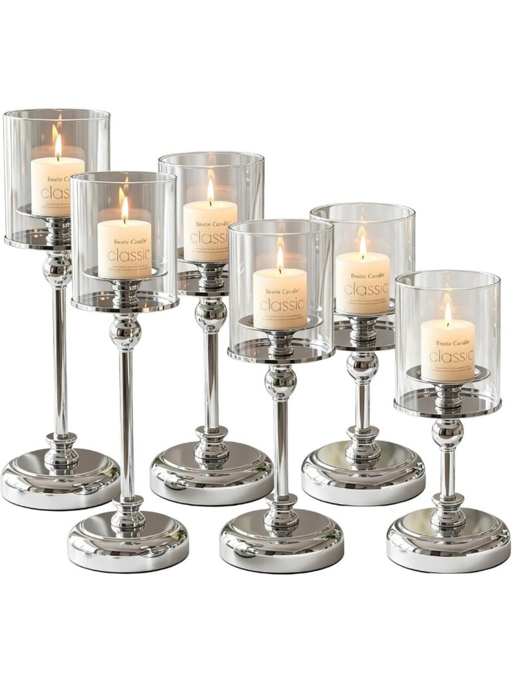 Elegant Silver Candle Holders Set of 6 - Tall Windproof Taper Holders for